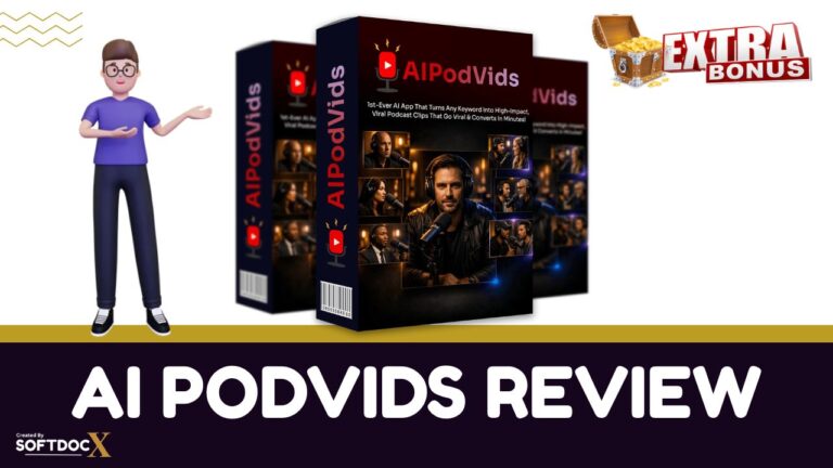 Professional review thumbnail for AI PodVids software showing the conversational AI podcast interface, OTO breakdown, and SoftDocx strategic bonus package.