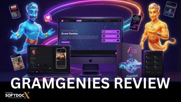 GramGenies review and OTO details showing the AI Instagram automation dashboard and exclusive bonuses.