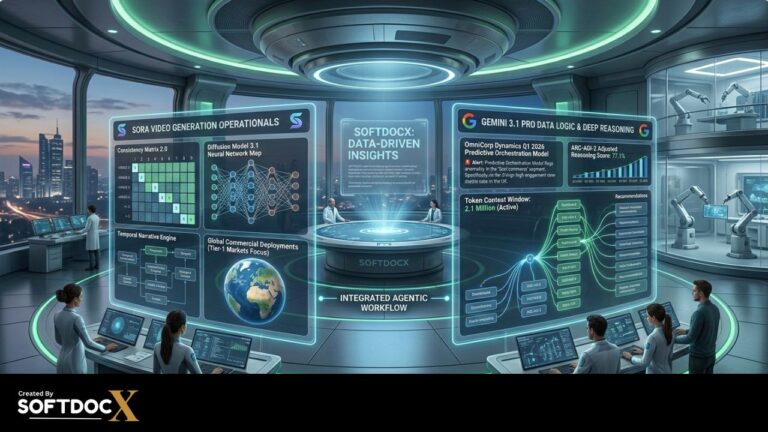 A futuristic digital interface showing real-time AI data processing for Sora 2.0 and Gemini 3.1 Pro.