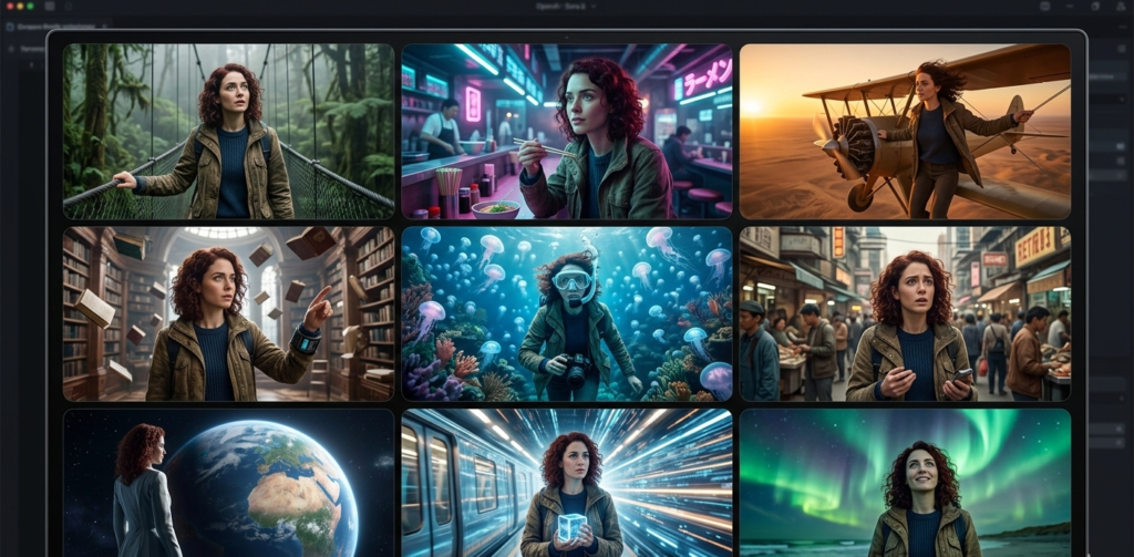 AI Tech Update 2026 - A series of consistent video frames generated by Sora 2.0 showing a character maintained across different scenes.