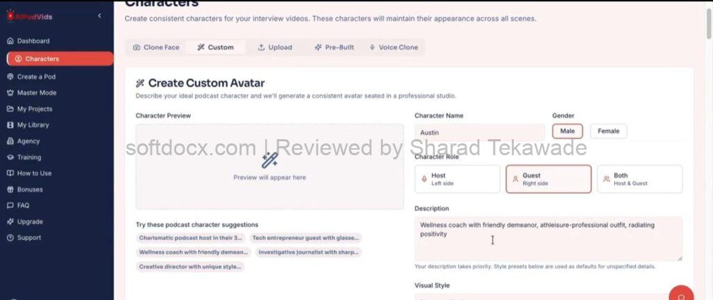 Dashboard screenshot of AI PodVids Step 1:  Select Characters And AI Engineers, a high-impact podcast-style conversation designed to trigger curiosity, tension, and real engagement.