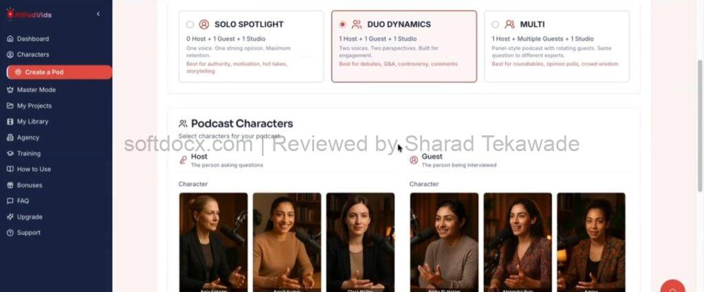 AI PodVids Step 2 interface showing AI creates the full podcast clip - dialogue, pacing, visuals, branding, and CTAs automatically