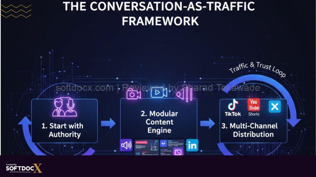 Infographic showing the 3-step Conversation-as-Traffic framework for viral podcast shorts, including Authority Building, Modular AI Engine, and Multi-Channel Distribution by SoftDocx.