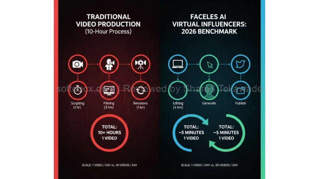 Infographic comparing the production time of Traditional Video vs. Faceless AI Virtual Influencers.