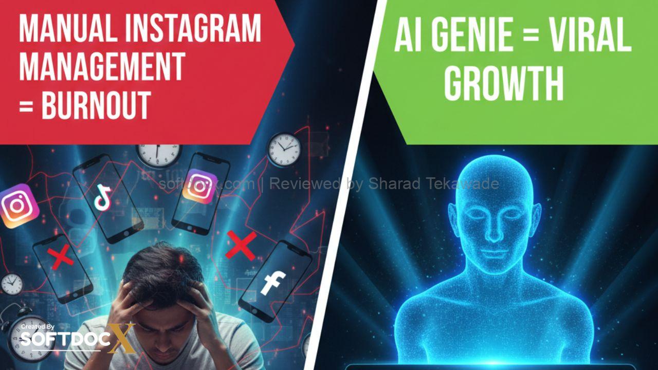 GramGenies AI Instagram automation comparison showing a tired marketer vs an autonomous AI genie dashboard for reels and DM growth.