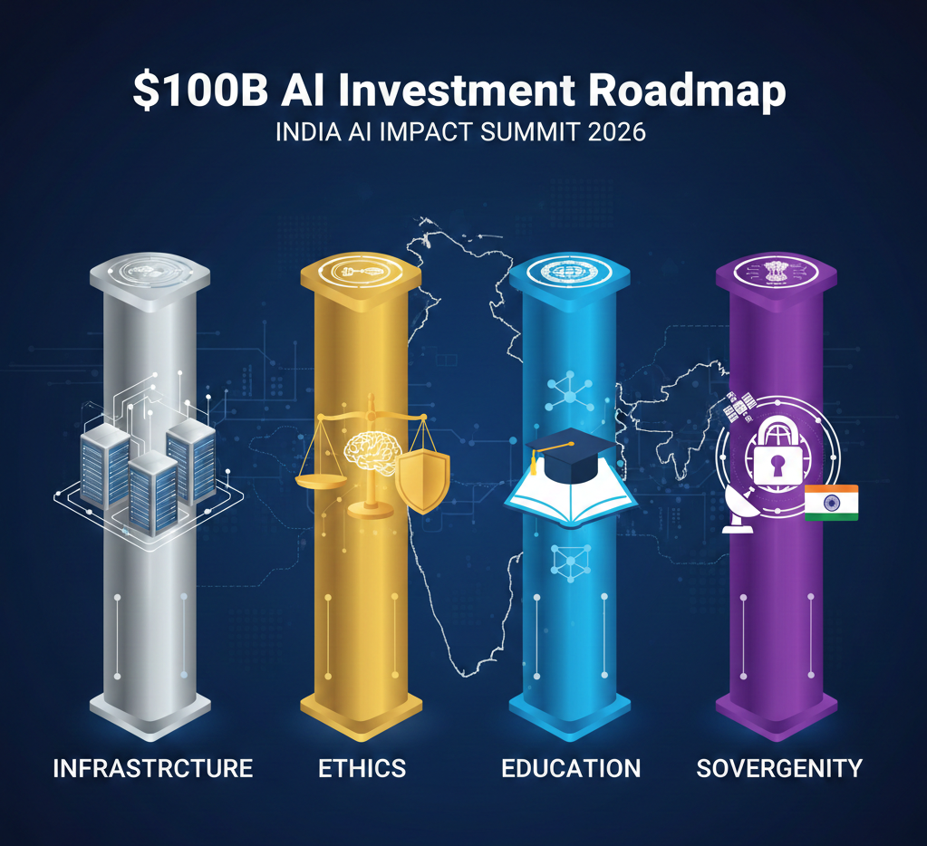 India AI Impact Summit 2026 - Infographic showing the 4 pillars of India's $100B AI investment roadmap: Infrastructure, Ethics, Education, and Sovereignty.