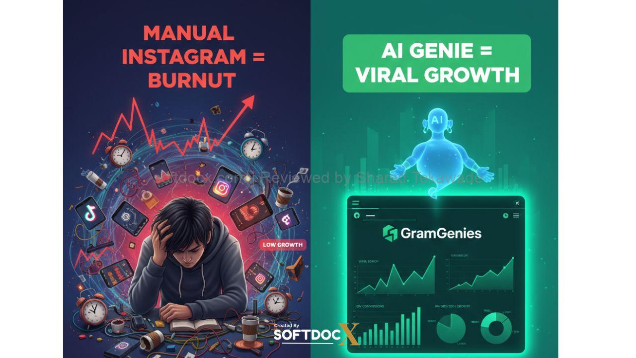 Comparison infographic showing the time saved using GramGenies AI vs manual Instagram management.