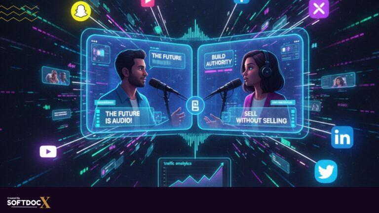 A professional digital creator using a split-screen AI podcast interface for viral social media shorts, featuring growth analytics and social media icons for SoftDocx.