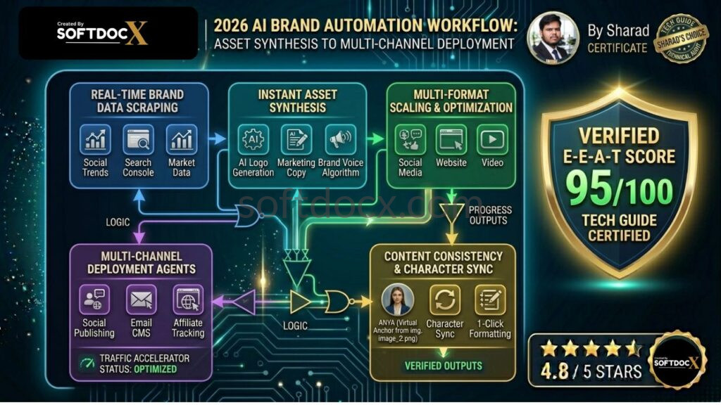 AI Brand Identity - A detailed technical diagram showing the 2026 AI Brand Automation workflow, from real-time asset synthesis to multi-channel deployment, verified by Sharad for the SoftDocx Tech Guides category.