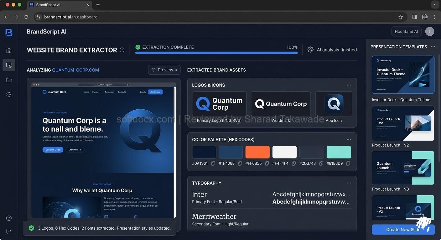 Future of Business Presentations 2026: A screenshot of an AI presentation tool's dashboard automatically extracting brand hex codes, logos, and typography from a corporate website.