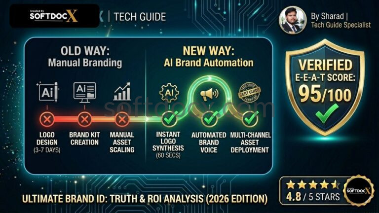 A high-authority SoftDocx Tech Guide infographic by Sharad, illustrating the shift to AI Brand Automation with a verified 95/100 E-E-A-T score.