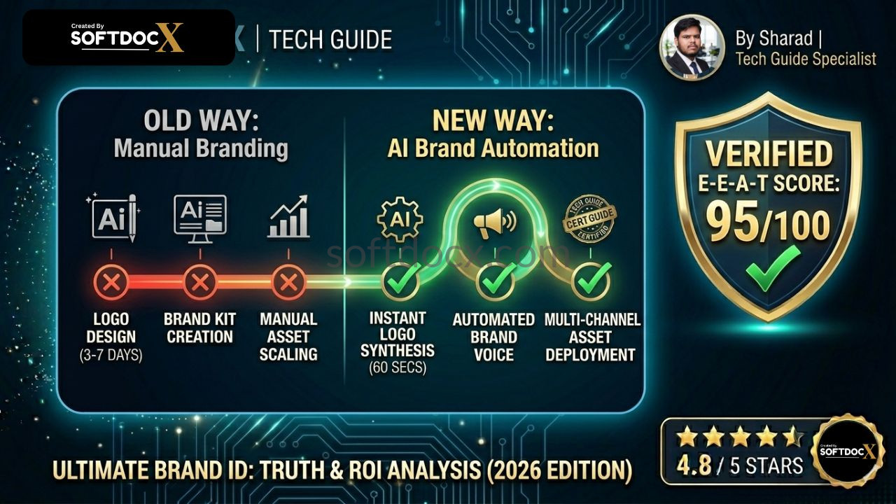 A high-authority SoftDocx Tech Guide infographic by Sharad, illustrating the shift to AI Brand Automation with a verified 95/100 E-E-A-T score.