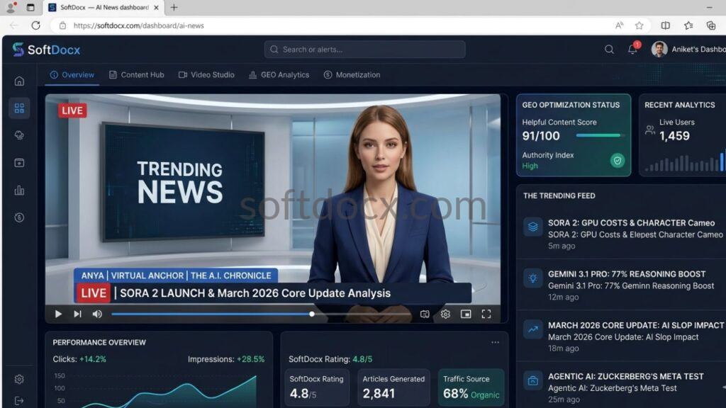 A screenshot of a modern Automated News Websites dashboard featuring a lifelike digital human video anchor presenting trending news