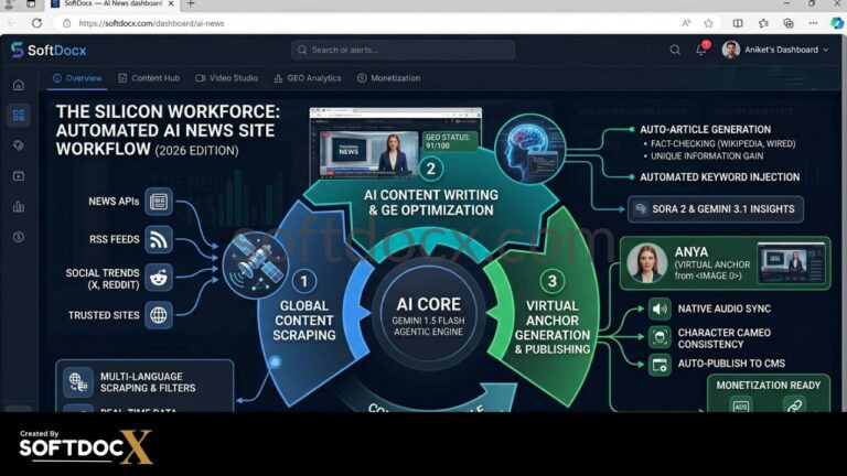 An infographic showing an automated AI news site workflow including content scraping, AI writing, and video anchor generation.