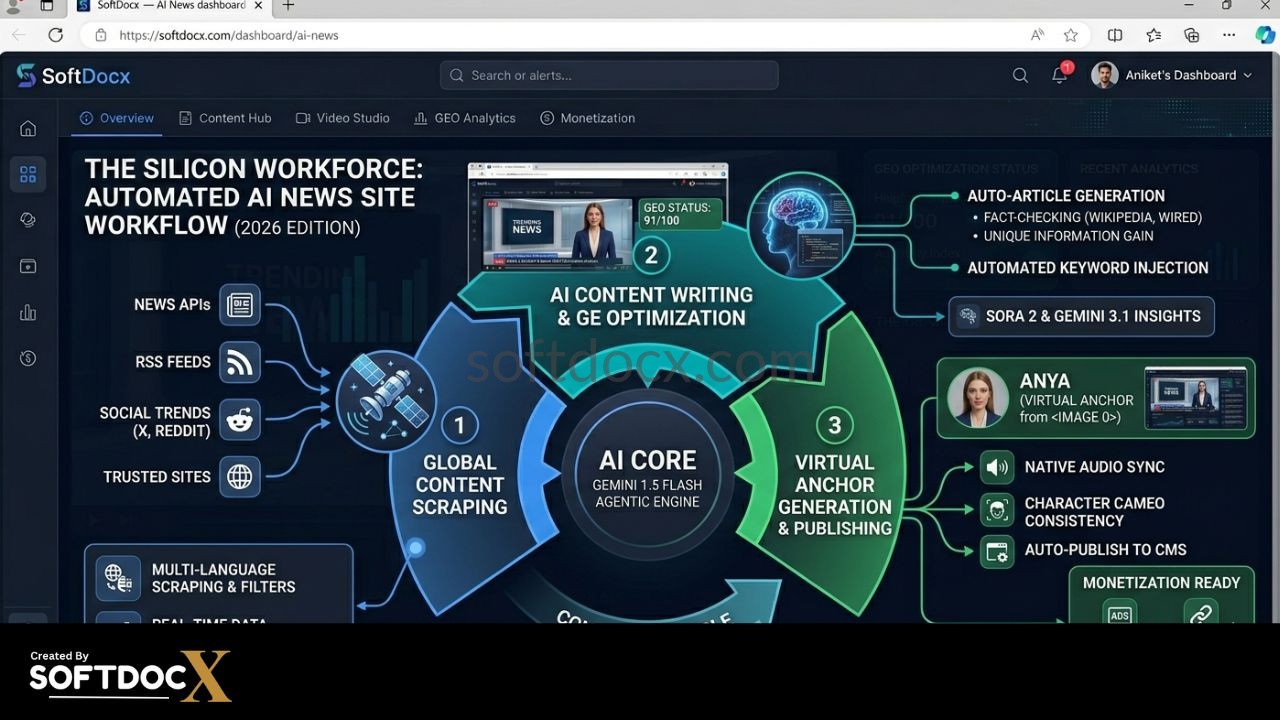 An infographic showing an automated AI news site workflow including content scraping, AI writing, and video anchor generation.