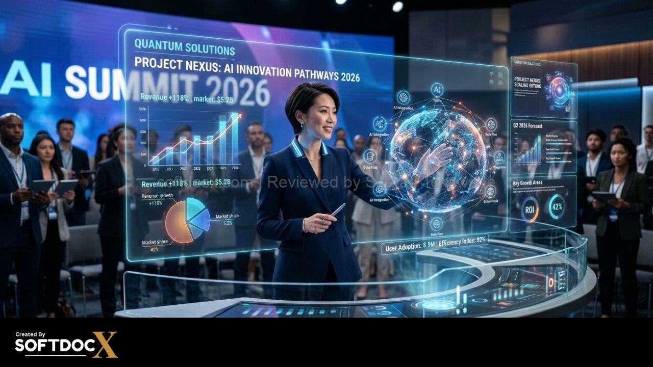 A high-tech digital interface showcasing AI-generated 3D holographic presentation slides for a business pitch in 2026.