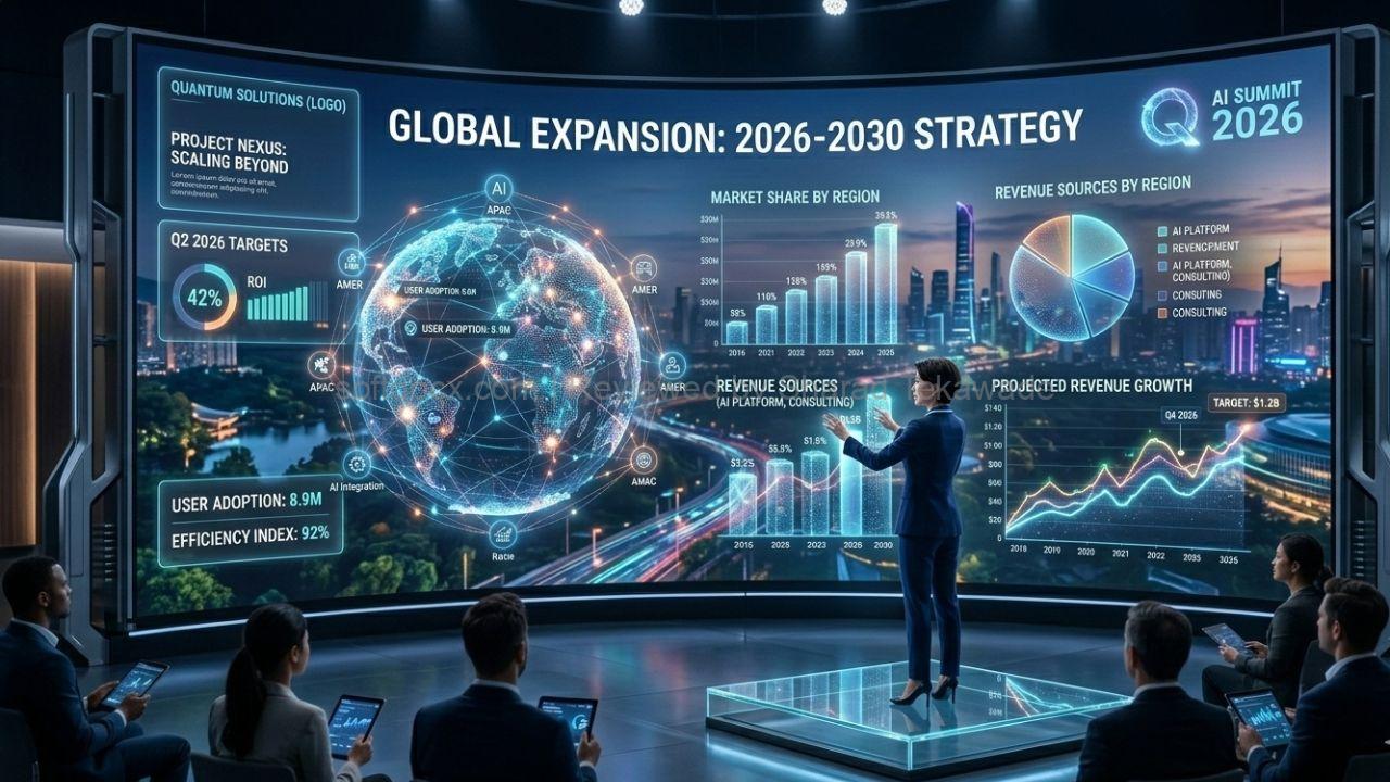 A futuristic business presentation slide featuring interactive 3D charts and cinematic generative backgrounds.