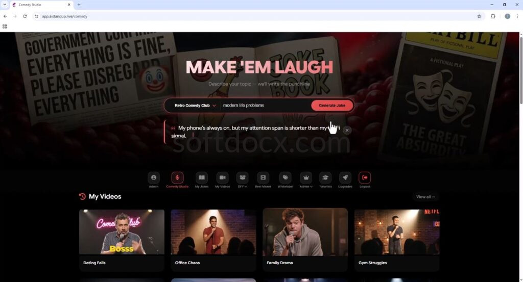 Screenshot of the AI Standup cloud-based dashboard highlighting the script input area and the niche category selection menu.