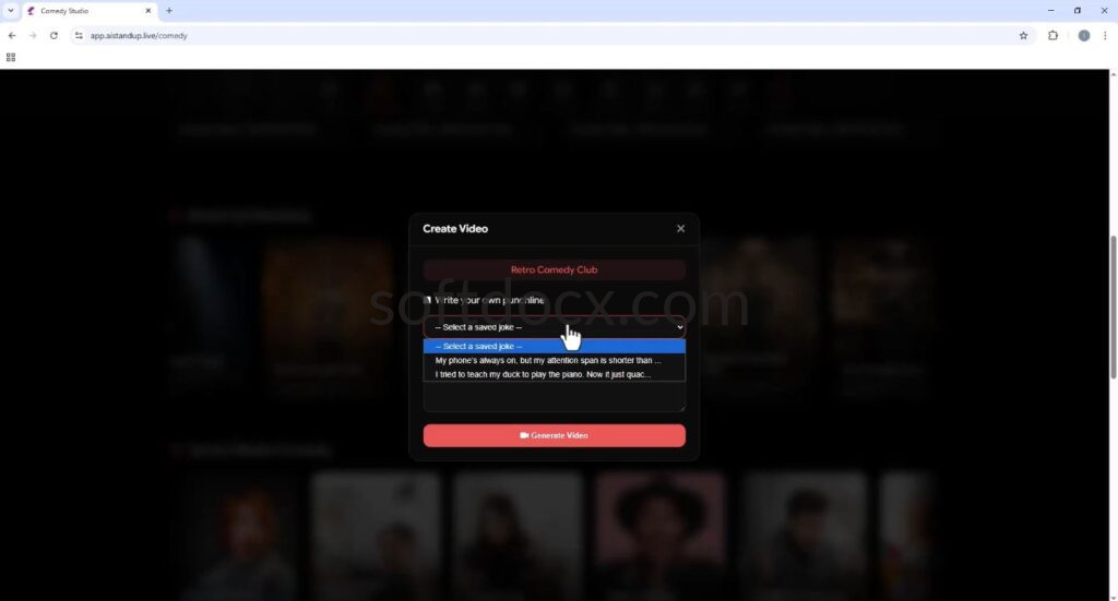 A software interface showing various 3D comedy club backgrounds and a library of animated 3D characters available in AI Standup.