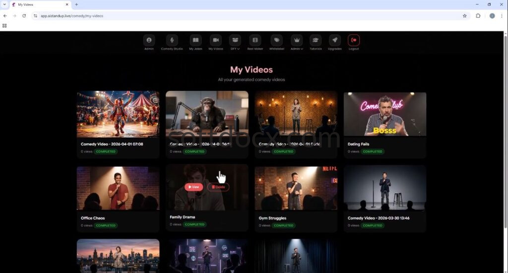 The final export screen of the AI Standup software showing a vertical video preview with options to download in HD and 4K resolutions.
