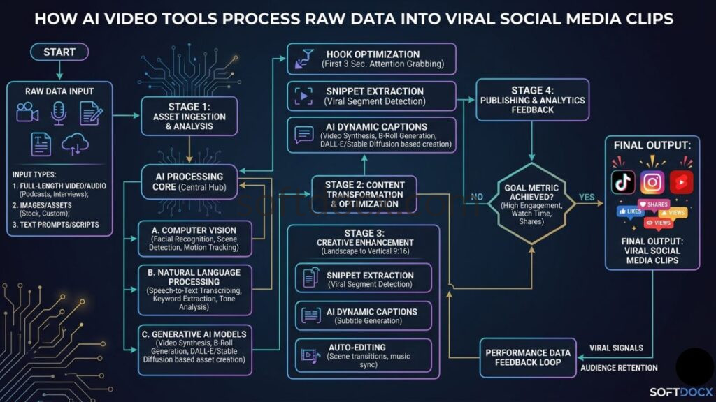 Best AI Video Tools - A technical flowchart illustrating the four-stage AI processing core that transforms raw video, audio, and text input into viral social media clips for platforms like TikTok and Instagram Reels.