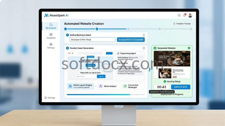 Dashboard view of MuseSpark AI showing the 60-second automated website creation process from a single keyword.