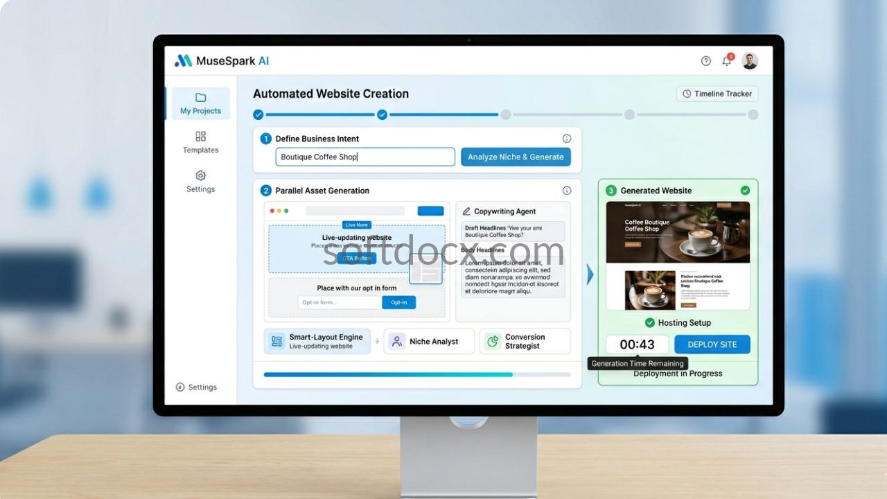 Dashboard view of MuseSpark AI showing the 60-second automated website creation process from a single keyword.