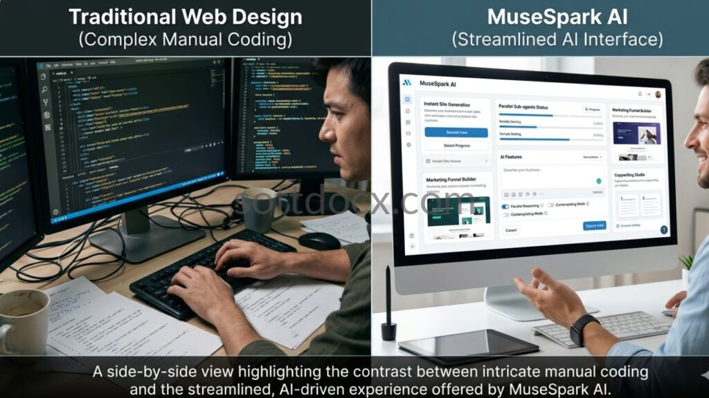 A side-by-side comparison of intricate manual web design coding (left) versus the streamlined MuseSpark AI interface (right) demonstrating automated generation and marketing tools.