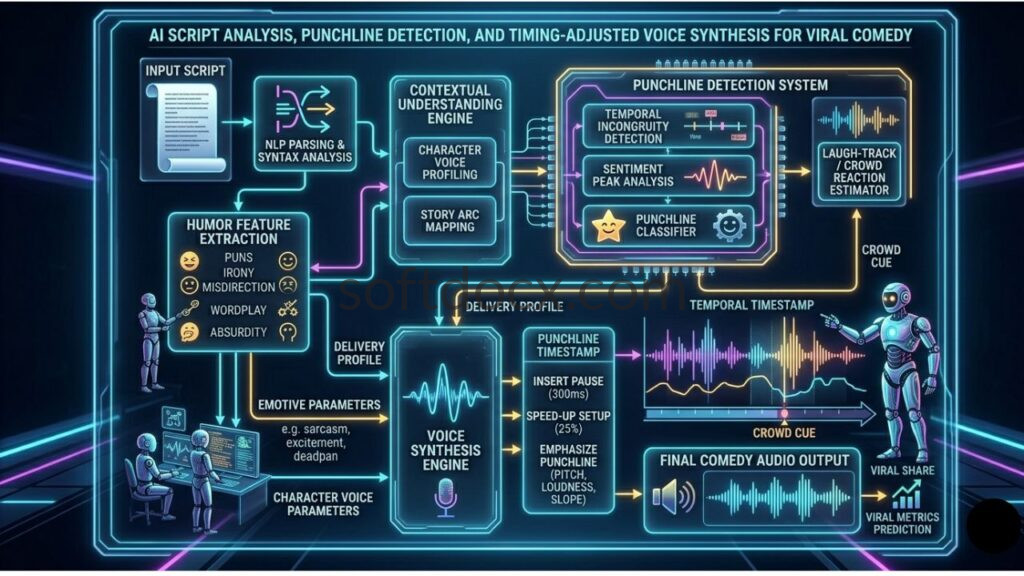 A technical diagram showing the process of AI script analysis, punchline detection, and timing-adjusted voice synthesis for viral comedy.