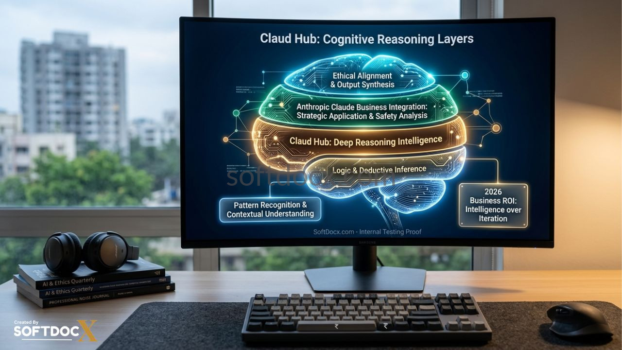 A sophisticated digital brain visualization highlighting the cognitive reasoning layers of Claud Hub and the Anthropic Claude Business Integration.