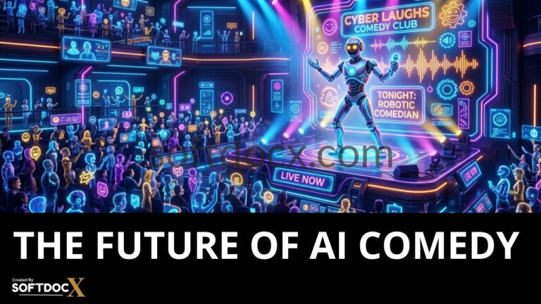 A high-end neon-themed 3D illustration of a futuristic comedy club stage with a robotic comedian performing for a digital crowd.