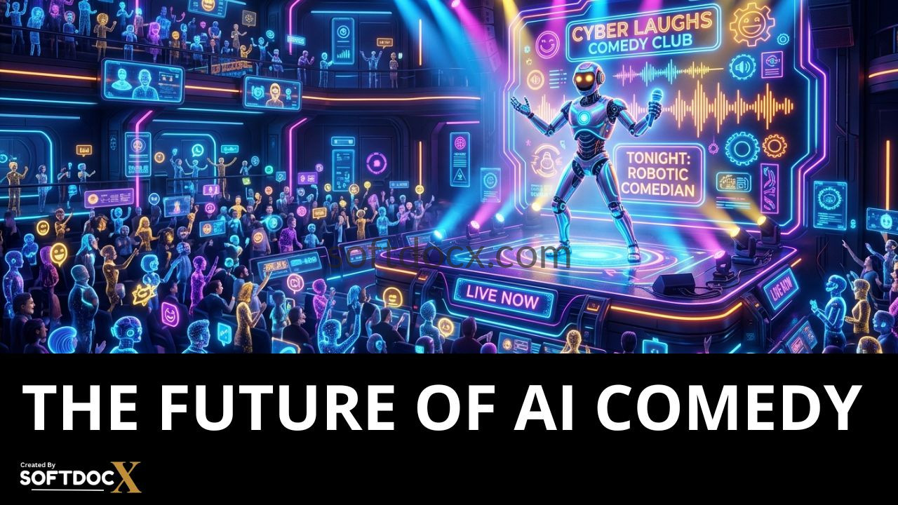 A high-end neon-themed 3D illustration of a futuristic comedy club stage with a robotic comedian performing for a digital crowd.