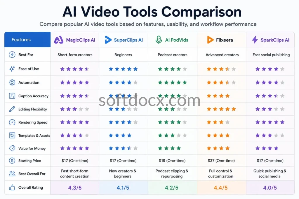 Comparison table of AI video tools including MagicClips AI, SuperClips AI, and Flixeera