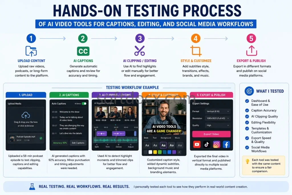 Hands-on testing process of AI video tools for captions, editing, and social media workflows